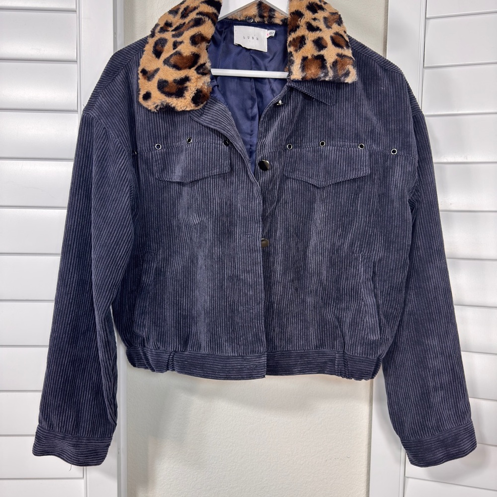 69. Lush Corduroy Jacket with Leopard Print Collar